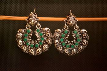 Green onyx stone circular oxidised dangler drop carved studs earrings 1