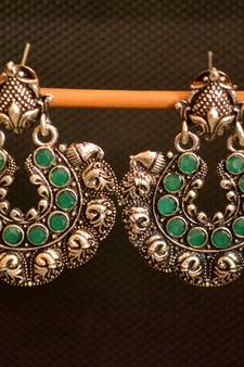 Green onyx stone circular oxidised dangler drop carved studs earrings