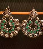 Green onyx stone circular oxidised dangler drop carved studs earrings