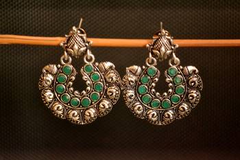 Green onyx stone circular oxidised dangler drop carved studs earrings 2