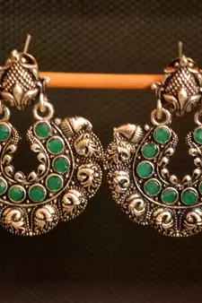 Green onyx stone circular oxidised dangler drop carved studs earrings