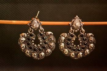 Black onyx stone circular oxidised dangler drop carved studs earrings 1