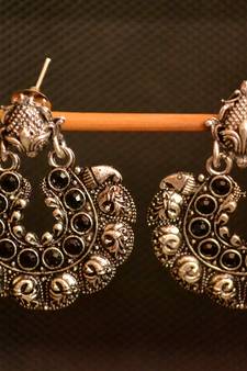 Black onyx stone circular oxidised dangler drop carved studs earrings