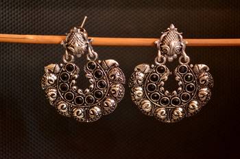 Black onyx stone circular oxidised dangler drop carved studs earrings 2