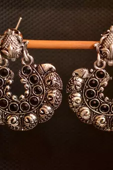 Black onyx stone circular oxidised dangler drop carved studs earrings