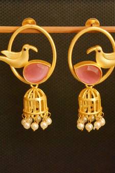  Pink onyx designer gold plated high gloss golden filigree or jali work jhumka with pearl in bottom
