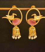  Pink onyx designer gold plated high gloss golden filigree or jali work jhumka with pearl in bottom