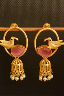  Pink onyx designer gold plated high gloss golden filigree or jali work jhumka with pearl in bottom
