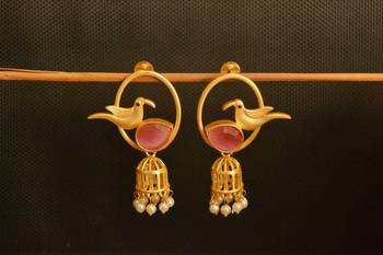 Pink onyx Designer Gold plated high gloss golden Filigree or Jali work jhumka with pearl in bottom 1