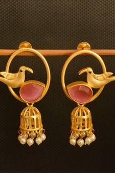 Pink onyx Designer Gold plated high gloss golden Filigree or Jali work jhumka with pearl in bottom