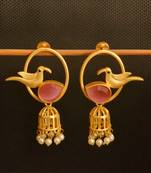 Pink onyx Designer Gold plated high gloss golden Filigree or Jali work jhumka with pearl in bottom
