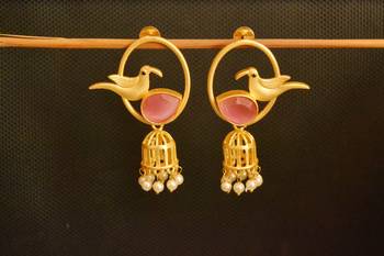 Pink onyx Designer Gold plated high gloss golden Filigree or Jali work jhumka with pearl in bottom 2