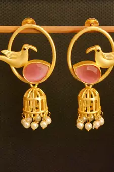 Pink onyx Designer Gold plated high gloss golden Filigree or Jali work jhumka with pearl in bottom