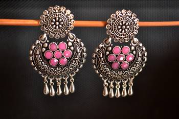 Silver onyx Stone Circular Oxidised Dangler Drop Carved studs Earrings 1