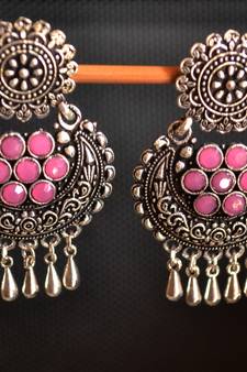 Silver onyx Stone Circular Oxidised Dangler Drop Carved studs Earrings