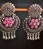 Silver onyx Stone Circular Oxidised Dangler Drop Carved studs Earrings