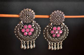Silver onyx Stone Circular Oxidised Dangler Drop Carved studs Earrings 2