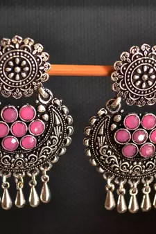 Silver onyx Stone Circular Oxidised Dangler Drop Carved studs Earrings