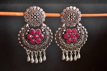 Pink onyx Stone Circular Oxidised Dangler Drop Carved studs Earrings 1