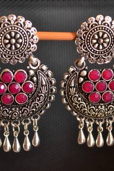 Pink onyx Stone Circular Oxidised Dangler Drop Carved studs Earrings