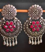 Pink onyx Stone Circular Oxidised Dangler Drop Carved studs Earrings