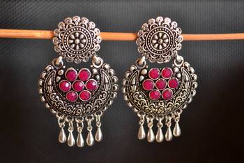 Pink onyx Stone Circular Oxidised Dangler Drop Carved studs Earrings 2