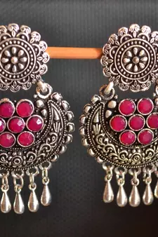 Pink onyx Stone Circular Oxidised Dangler Drop Carved studs Earrings