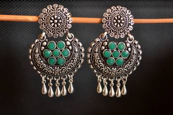 Green onyx Stone Circular Oxidised Dangler Drop Carved studs Earrings 1