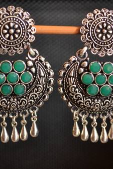 Green onyx Stone Circular Oxidised Dangler Drop Carved studs Earrings
