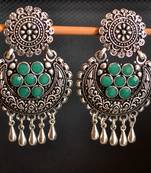 Green onyx Stone Circular Oxidised Dangler Drop Carved studs Earrings