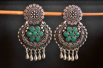 Green onyx Stone Circular Oxidised Dangler Drop Carved studs Earrings 2