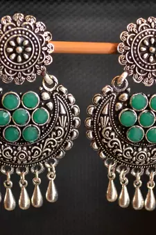 Green onyx Stone Circular Oxidised Dangler Drop Carved studs Earrings