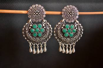Green onyx Stone Circular Oxidised Dangler Drop Carved studs Earrings 3