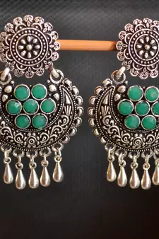 Green onyx Stone Circular Oxidised Dangler Drop Carved studs Earrings