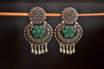 Green onyx Stone Circular Oxidised Dangler Drop Carved studs Earrings 4