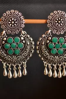 Green onyx Stone Circular Oxidised Dangler Drop Carved studs Earrings