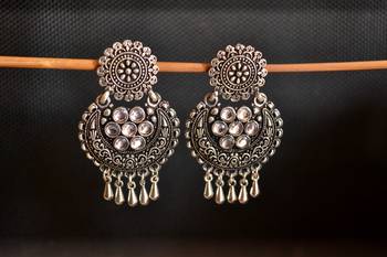 White onyx Stone Circular Oxidised Dangler Drop Carved studs Earrings 1
