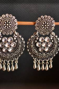 White onyx Stone Circular Oxidised Dangler Drop Carved studs Earrings