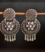 White onyx Stone Circular Oxidised Dangler Drop Carved studs Earrings