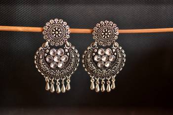 White onyx Stone Circular Oxidised Dangler Drop Carved studs Earrings 2