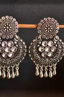 White onyx Stone Circular Oxidised Dangler Drop Carved studs Earrings