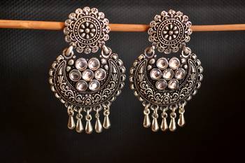 White onyx Stone Circular Oxidised Dangler Drop Carved studs Earrings 1