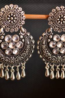 White onyx Stone Circular Oxidised Dangler Drop Carved studs Earrings