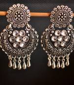 White onyx Stone Circular Oxidised Dangler Drop Carved studs Earrings