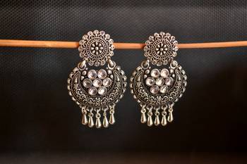 White onyx Stone Circular Oxidised Dangler Drop Carved studs Earrings 2
