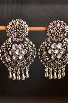 White onyx Stone Circular Oxidised Dangler Drop Carved studs Earrings