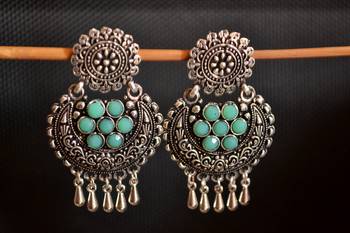 Turquoise onyx Stone Circular Oxidised Dangler Drop Carved studs Earrings 1