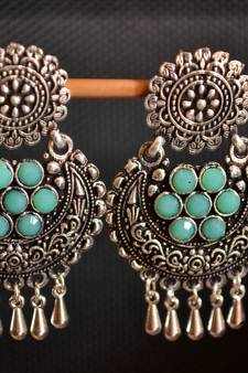 Turquoise onyx Stone Circular Oxidised Dangler Drop Carved studs Earrings