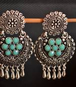 Turquoise onyx Stone Circular Oxidised Dangler Drop Carved studs Earrings