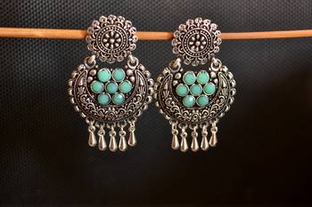 Turquoise onyx Stone Circular Oxidised Dangler Drop Carved studs Earrings 2